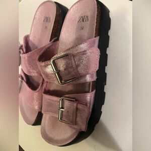 Zara Buckled Denim Slip On Open Toe Flat Sandals Pink Women's 39 /9 Out Of Stock